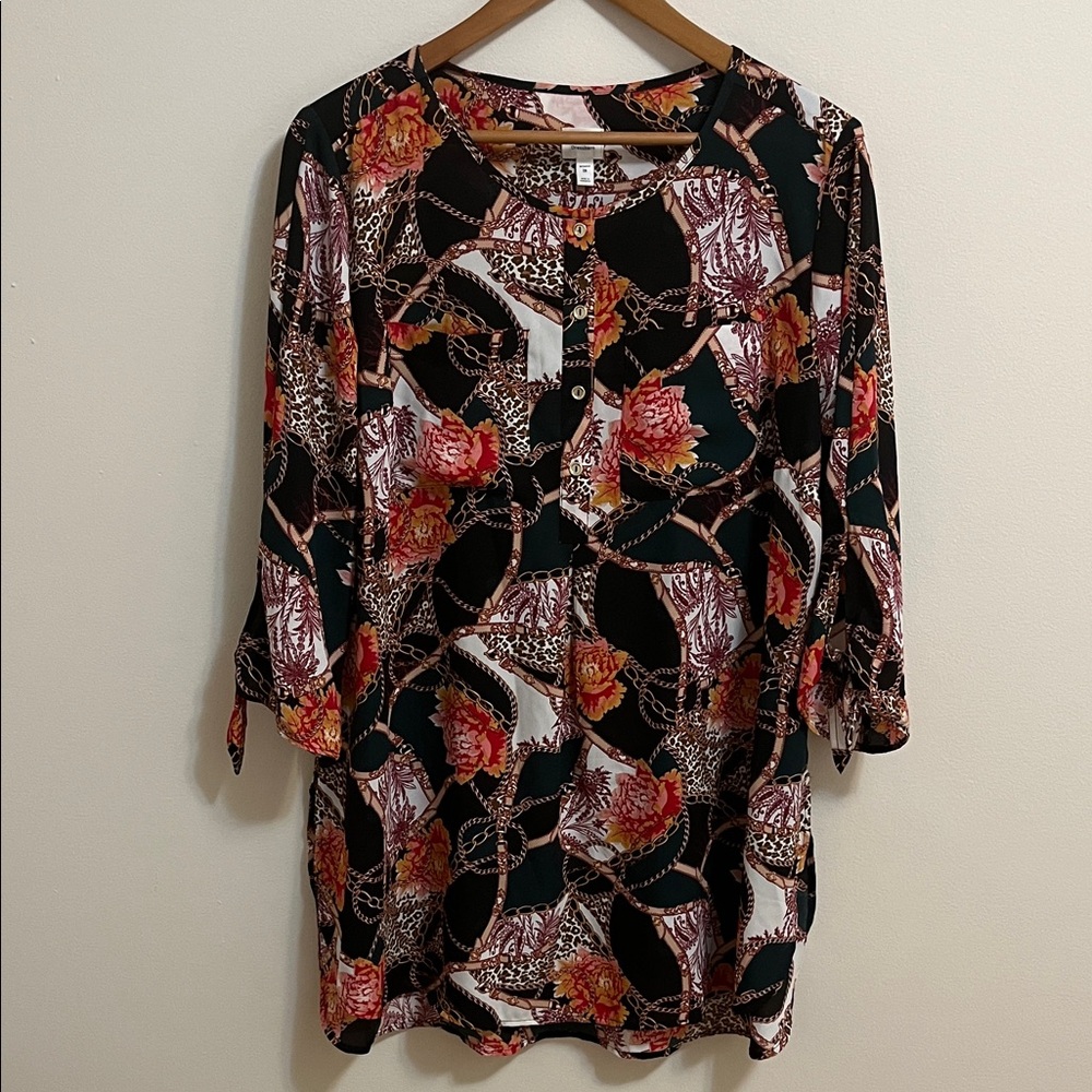 Dressbarn Tunic Long Blouse Top Plus Size 1X Floral Print Pockets Career Office
